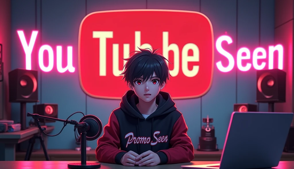 Create a vibrant and extremely engaging anime-style 2 boy with a smart appearance, sitting in front of a computer desk. He is wearing a black and red hoodie with the Channel Name 'Promo Seen' on it. The setup includes a microphone and a laptop on the desk. The background features a large YouTube logo on the wall, surrounded by various recording equipment. Ensure the studio has a modern YouTube aesthetic with professional lighting to make the avatar stand out. Add a neon light design font spelling out 'PROMO SEEN' on the wall. The overall scene should be dynamic and visually appealing, perfect for an Al talking avatar video.only singl boy.eye contact with camera.