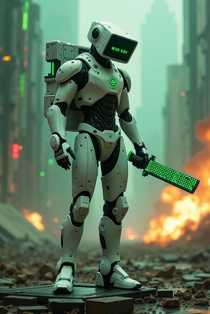 Man wear cyberpunk robocop armor suit white keyboard PC concept. Helmet like PC monitor.. Long mechanize Sword from classic white keyboard. Keyboard pad design as sword. Binoculars eyes.keyboard on chest. Big turn off button logo on chest glowing green ,. Holding keyboard sword. War background. Bombing effect background. Backpack cpu.(( Standing on the motherboard green circuit)).. city motherboard background. In digital dimensions. glowing green on circuit . Green matrix background.