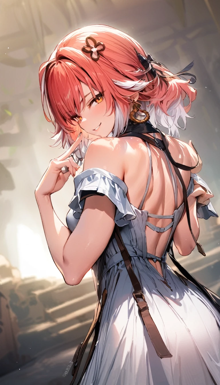 ((masterpiece)),((best quality)),high resolution,Perfect lighting,dusty(future), A woman, Chest, Solitary, Orange Eyes, View your audience, Show your shoulders,White Dress,大きなChest, Red hair, Striped hair, White hair, Charming smile, From the back, Cowboy shooting, Fingers crossed,