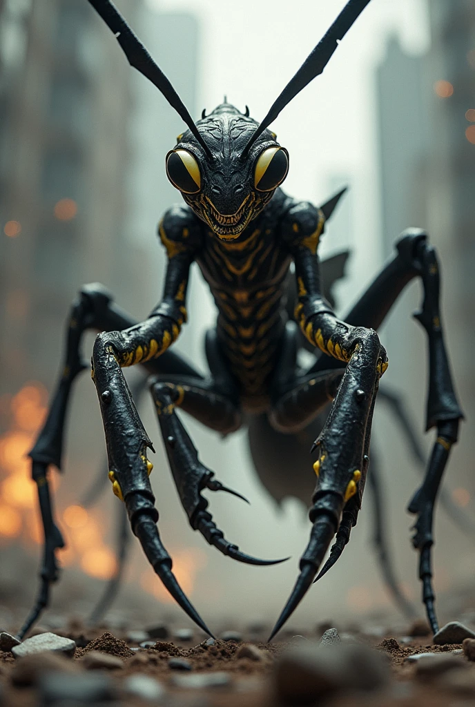 Character inspired by a praying mantis with black and white eyes, long antennae on its head with fronts that look like sharp dives, legs, a muscular body of a praying mantis, black palp mixed with yellow and grayish for its body and a dangerous fighter side 
