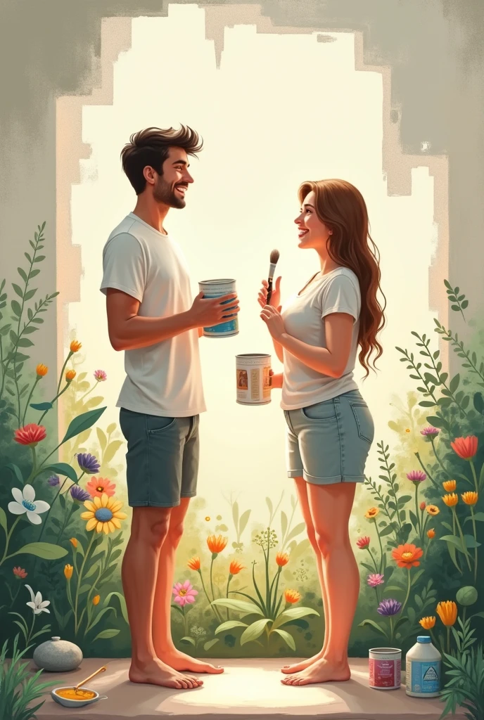 A tall, thin man, in a t-shirt and shorts, woman who is not thin, in light clothing, Both are barefoot, painting a large wall with a garden theme. The painting is incomplete. They are holding paint and brushes. They are relaxed and smiling.