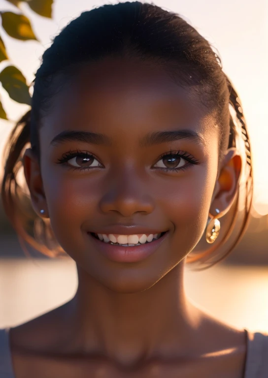 (portrait, editorial photograph) (beautiful black girl), adorable face, long brown curly hair, hazel eyes, by lee jeffries, nikon d850, film stock photograph ,4 kodak portra 400 ,camera f1.6 lens ,rich colors ,hyper realistic ,lifelike texture, dramatic lighting, (highly detailed face:1.4), perfect eyes, realistic iris, perfect teeth, (smile:0.7), (background dark, shadow of the leaves, moody, cleavage), sun rising, early morning light, Wishing for something, masterpiece, best quality, photorealistic, Citizen of Guinea-Bissau, very cute super model, perfect anatomy, skinny, ((1 girl)), (colorful reflections in the eye), (nudist), (smiling, white teeth), small nipples,(((( dark skin ))))