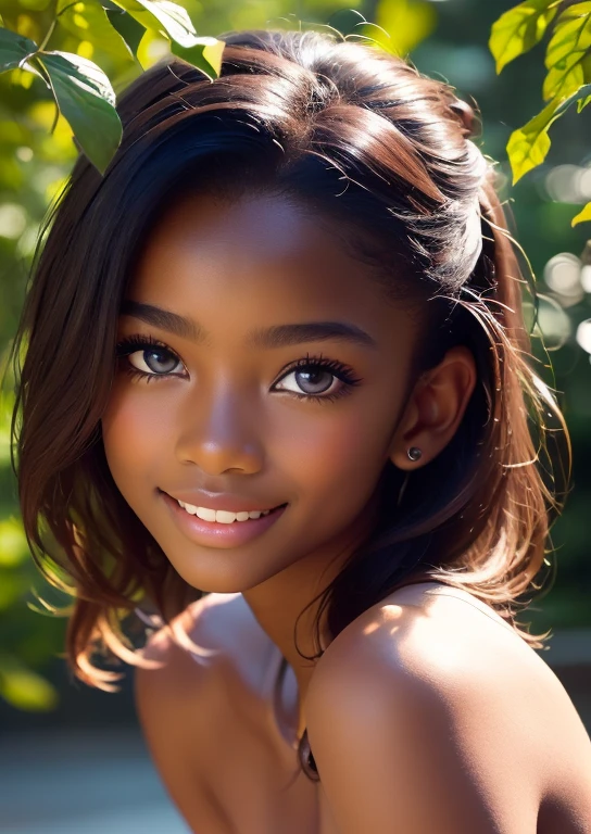 (portrait, editorial photograph) (beautiful black girl), adorable face, long brown curly hair, hazel eyes, by lee jeffries, nikon d850, film stock photograph ,4 kodak portra 400 ,camera f1.6 lens ,rich colors ,hyper realistic ,lifelike texture, dramatic lighting, (highly detailed face:1.4), perfect eyes, realistic iris, perfect teeth, (smile:0.7), (background dark, shadow of the leaves, moody, cleavage), sun rising, early morning light, Wishing for something, masterpiece, best quality, photorealistic, Citizen of Guinea-Bissau, very cute super model, perfect anatomy, skinny, ((1 girl)), (colorful reflections in the eye), (nudist), (smiling, white teeth), small nipples,(((( dark skin ))))