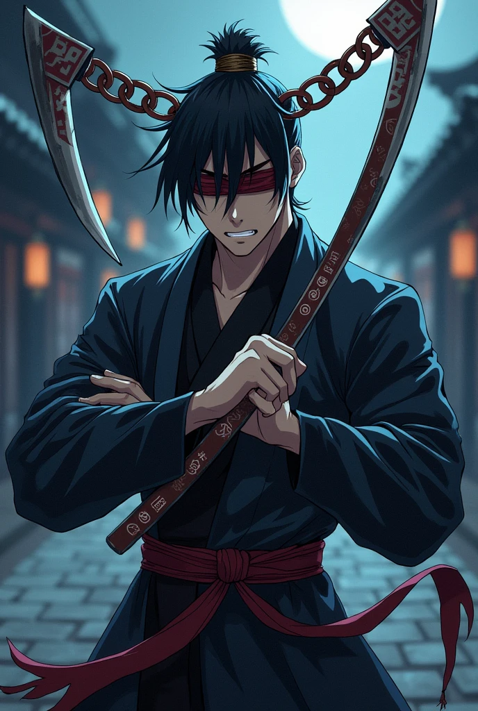 I want you to create a blind anime style male character with white eyes like a samurai cookie with two sickles connected to an iron chain