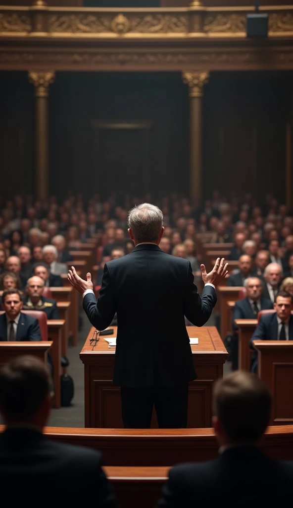 A man is speaking to people sitting in a hall.