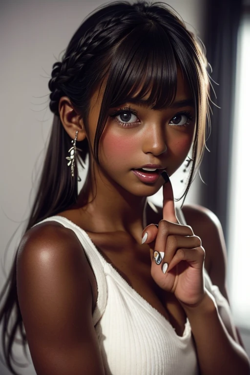 one girl, (((Open your mouth)))、Put your hand over your mouth、Beautiful breasts、 Brown eyes, ((Gal Hairstyles)) blonde, girl, (Eye and facial details:1.0), break, (masterpiece, Highest quality, Very detailed, Detailed face, 8k),( dark skin:1.95 )