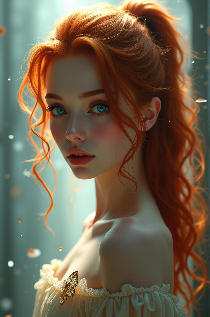 (solo, full body photo:1.3), (action packed:1.3), (haze, fog, mist:1.3), cphotorealistic, 1woman, (cute), (24yo:1.2), redhead, long ginger hair highly detailed, 1700'S, digital photography, art by artgerm and ruan jia and greg rutkowski surreal painting gold butterfly filigree, broken glass, (masterpiece, sidelighting, finely detailed Fashionable eyes: 1.2) (perfect oval large eyes that gazes at the viewer), beautiful detailed face, blue gorgeous perfect eyes, (blonde hair ponytail), (attractive young woman:1.3), (thick amazing hair), (seductive:1.1), (blushing:1.1)