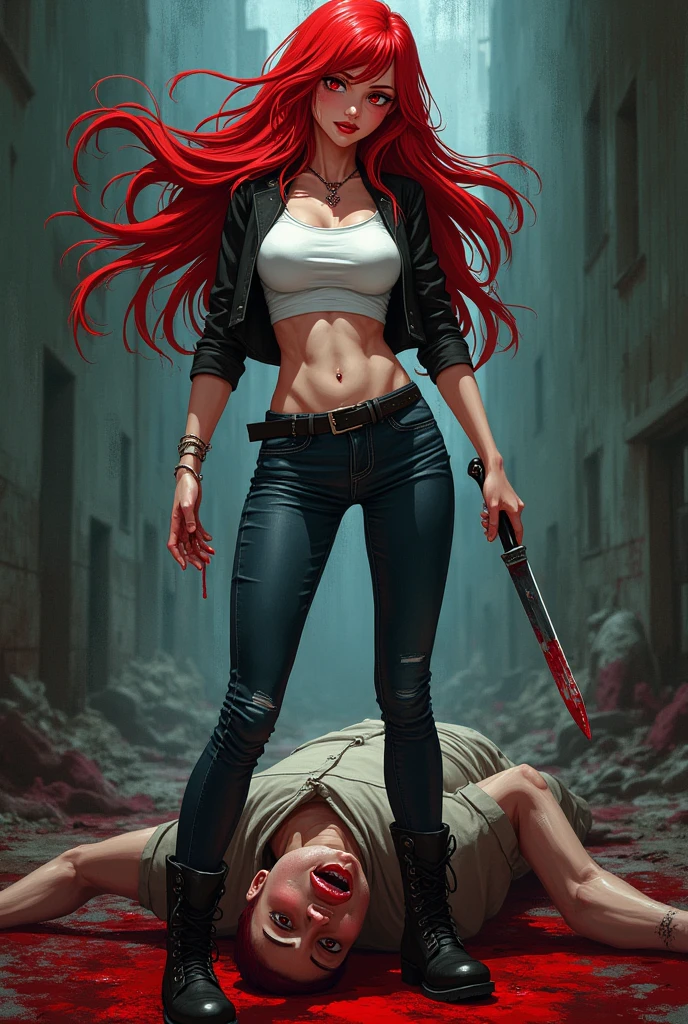 Anime style. Seductive and Beautiful young woman with a soul of pure evil and hatred. Alluring long red haired serial killer wearing a punk rock raglan top, skinny jeans, and combat boots. Surrounded by blood and bodies.  She attacks a man viciously, A bloody knife in her right hand. A sinister smile crosses her glossy red lips.