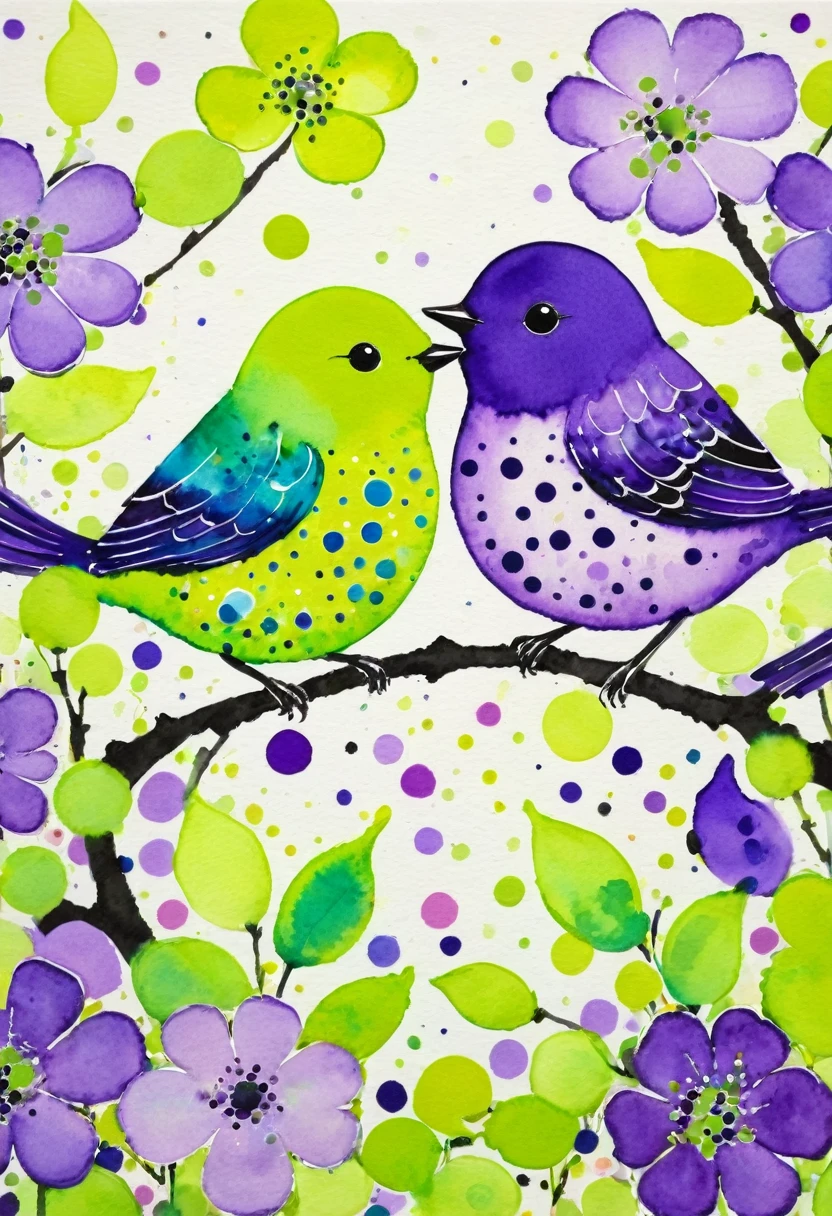 Ink and Watercolor， Dot，Whimsical Art, and purple hues, Lime and Violet, Two little birds,spring, Inspired by Tomokazu Matsuyama, Delightful，Polka dot art