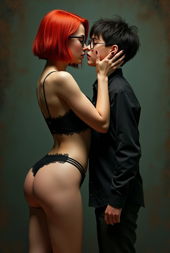 Perfect body gothic teenage girl with curvy waist and big thighs and big butt with short red hair and glasses wearing black sexy clothes and string thong being kissed on the mouth by a young elementary school boy