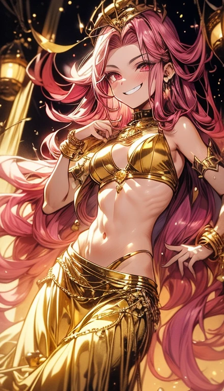 A smug narcissistic pink haired woman wearing a golden bra and long golden skirt and lots of jewelry flaunting herself