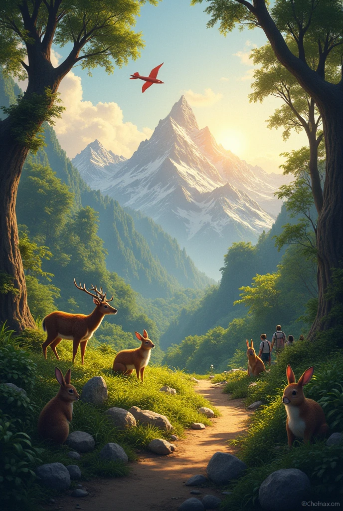 A morning with mountain uper side sun and birds singing and all animals relax in jungle this look see people and in the sky Rambo