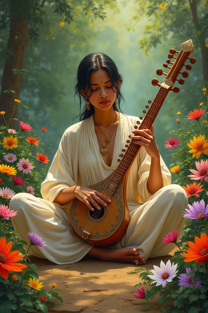 Tanpura instrument play by lady in flower background