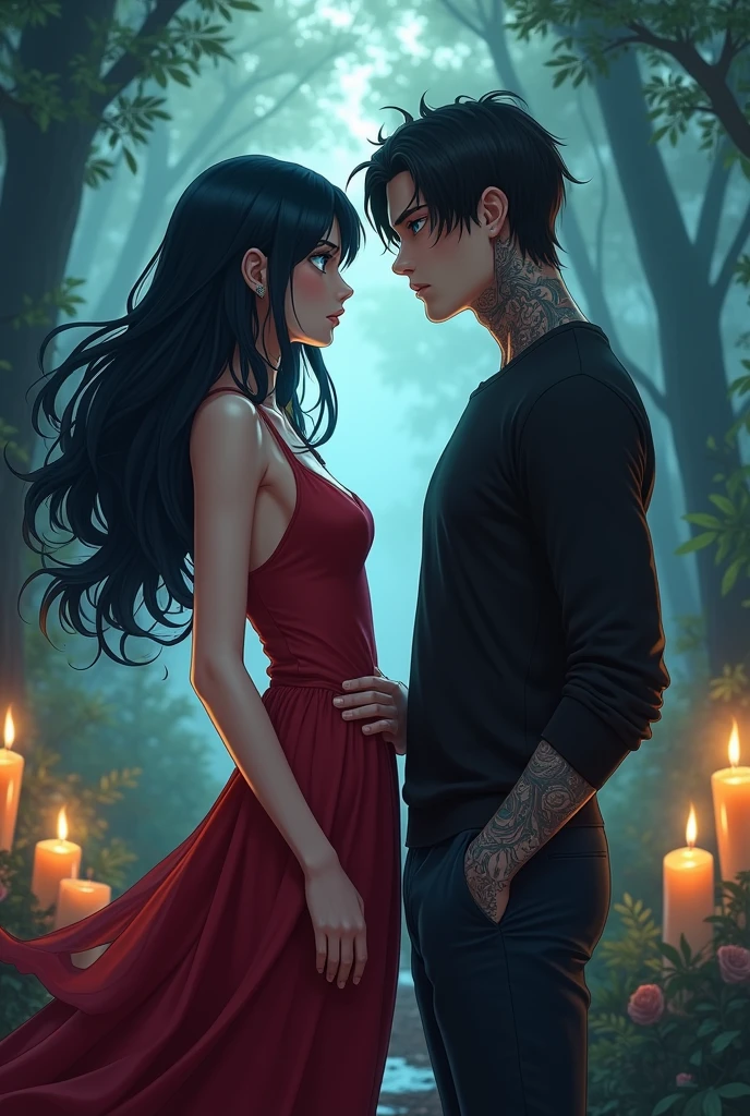 A girl with an extraordinary beauty face, black hair with waves and blue eyes with a red dress highlighted on the body in the forest with candles next to a guy about 20 years old tall with black hair down to her ears, tattooed neck and wearing a suit with her hand on her waist and a serious face - anime STYLE with realistic details