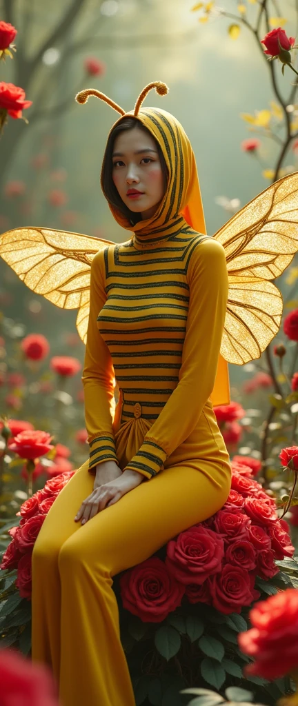 the beautiful,slender thin and prettiest Asian muslimah adult girl with beautiful cheeks wears striped yellow bee lycra turtleneck unitard catsuit covered with seamless black stripes with a pair of bee costume wings and always wear bee lycra elastane stretchy dance wear hijab covered with seamless stripes with antennae.She is laughing to the flowers.