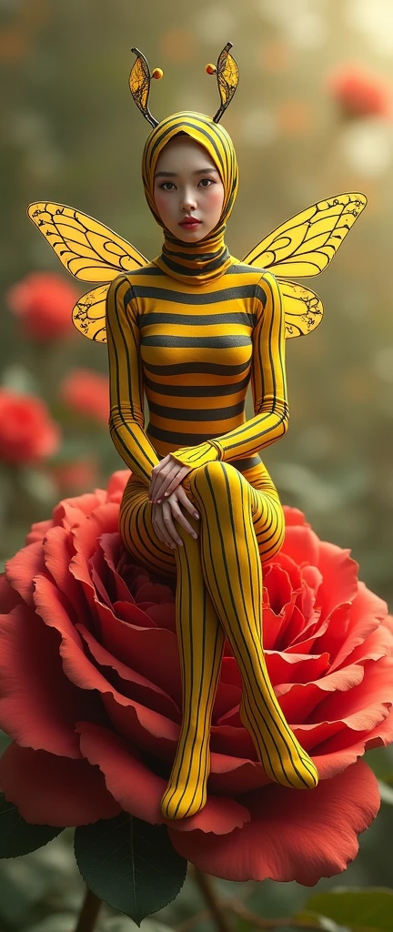 the beautiful,slender thin and prettiest Asian muslimah adult girl with beautiful cheeks wears striped yellow bee lycra turtleneck unitard catsuit covered with seamless black stripes with a pair of bee wings and always wear bee lycra elastane stretchy dance wear hijab covered with seamless stripes with antennae.She is sitting on the red rose.