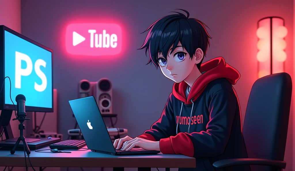 Create a vibrant and extremely engaging anime-style 2 boy with a smart appearance, sitting in front of a computer desk. He is wearing a black and red hoodie with the Channel Name 'Promo Seen' on it. The setup includes a microphone and a laptop on the desk. The background features a large YouTube logo on the wall, surrounded by various recording equipment. Ensure the studio has a modern YouTube aesthetic with professional lighting to make the avatar stand out. Add a neon light design font spelling out 'PS' on the wall. The overall scene should be dynamic and visually appealing, perfect for an Al talking avatar video.only singl boy.eye contact with camera.