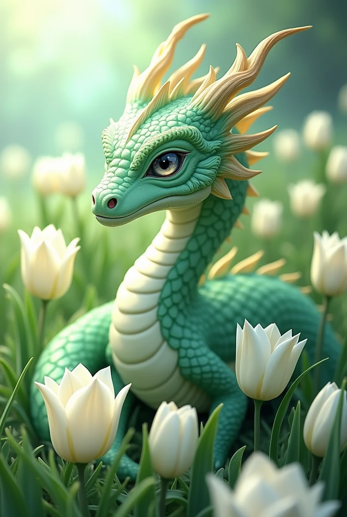 ((best quality)), ((masterpiece)), (detailed), light green dragon with white tulips, anime, grey eyes, 