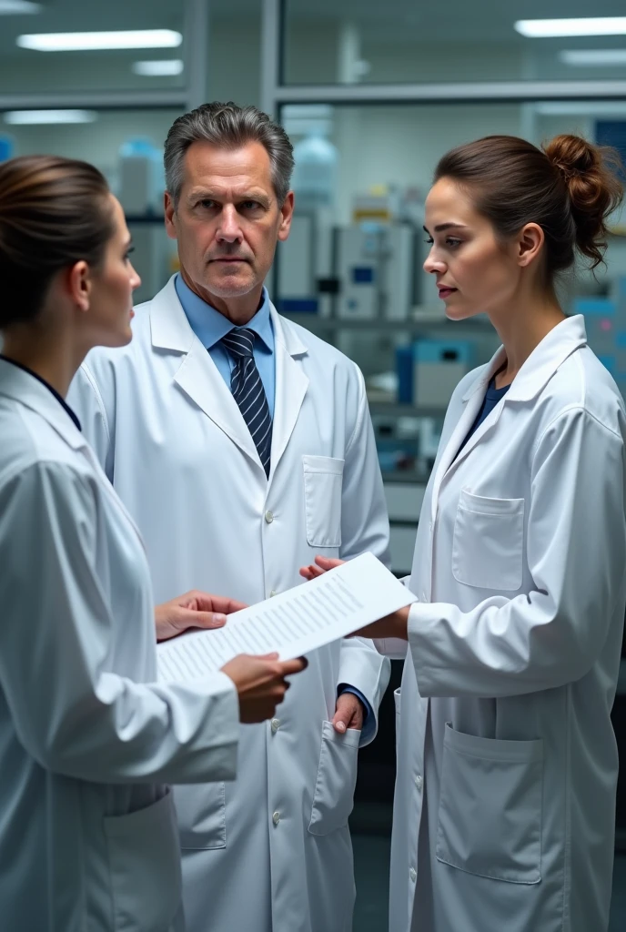 Create two people who are being audited for quality, and food safety and the auditor. Who are being audited wearing lab coats, one female and one young man and they are in the lab, the auditor is middle age woman, not animation, photo, their faces are visible. It is an audit, this should be clear. Auidtor should hold documents her hand