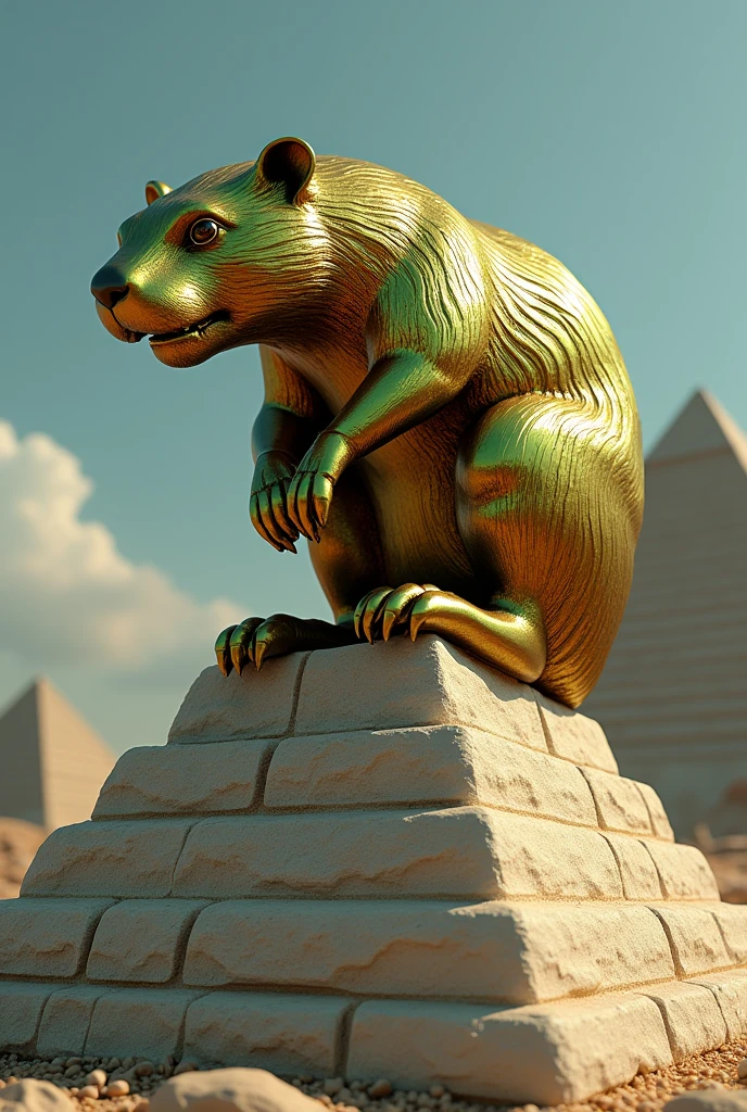 Ultra-resilient image of a shiny gold and green beaver sculpture atop a pyramid