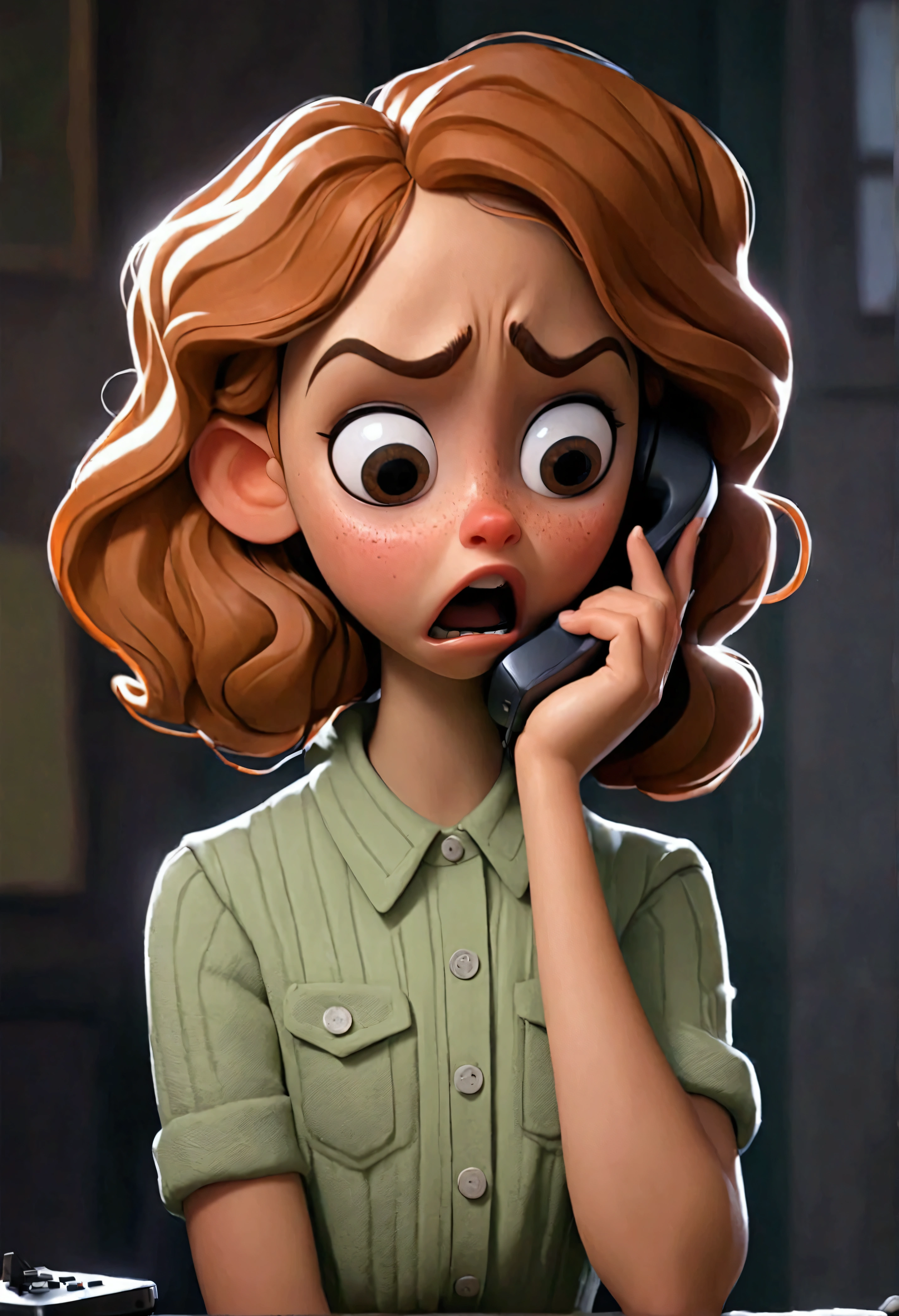Make me a picture of a girl with scared face upon listening to her phone