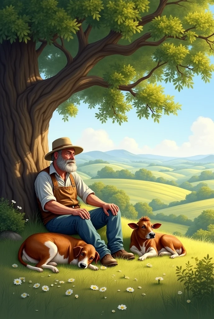 A farmer resting below tre in afternoon , cow near him , a dong sleping , sunnny day
