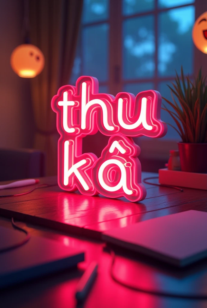 
a close up of a neon sign that says "Thu Ký" on a table, 8 k cg render, blender 3 d 8 k, 8 k blender render, in game style 8k, 8 k volumetric lighting, background artwork, 8k highly detailed ❤️‍🔥 🔥 💀 🤖 🚀, 8 k backlit, 8 k highly detailed ❤🔥 🔥 💀 🤖 🚀