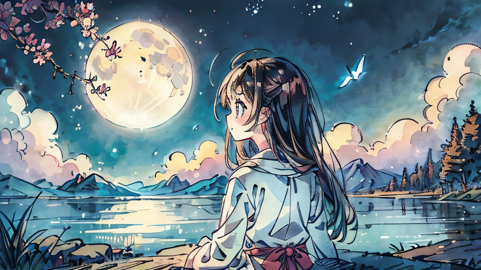 masterpiece, best quality，8K, Ultra-high resolution，On warm summer nights，A bright moon hangs above the deep blue starry sky，Girl standing in the middle of the lake，Her long hair seems to be swaying in the wind，The breeze caresses her cheeks，Bring a chill。She raised her head gently, looking at the moon in the distance, It seems as if the past has been forgotten, The lake quietly reflects the sky。calm around, Only a few campfire bugs are flying around, The girl is confused and curious, Enjoy this peaceful night。