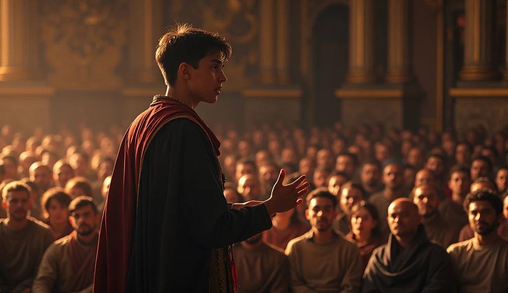 A young man is giving a speech to people sitting in the hall.