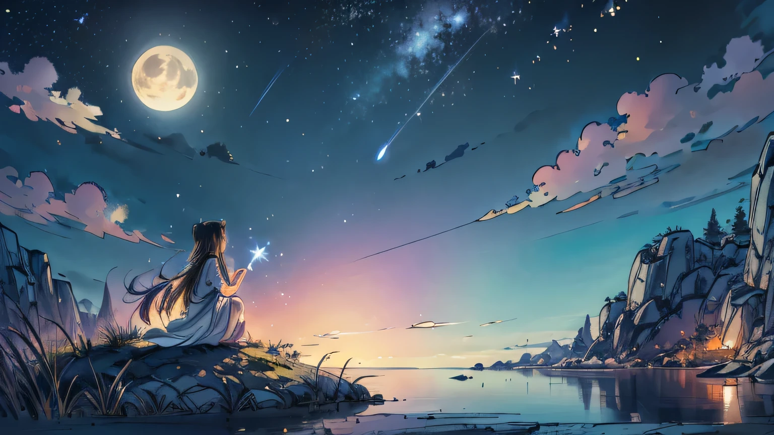 masterpiece, best quality，8K, Ultra-high resolution，On warm summer nights，A bright moon hangs above the deep blue starry sky，Girl standing in the middle of the lake，Her long hair seems to be swaying in the wind，The breeze caresses her cheeks，Bring a chill。She raised her head gently, looking at the moon in the distance, It seems as if the past has been forgotten, The lake quietly reflects the sky。calm around, Only a few campfire bugs are flying around, The girl is confused and curious, Enjoy this peaceful night。