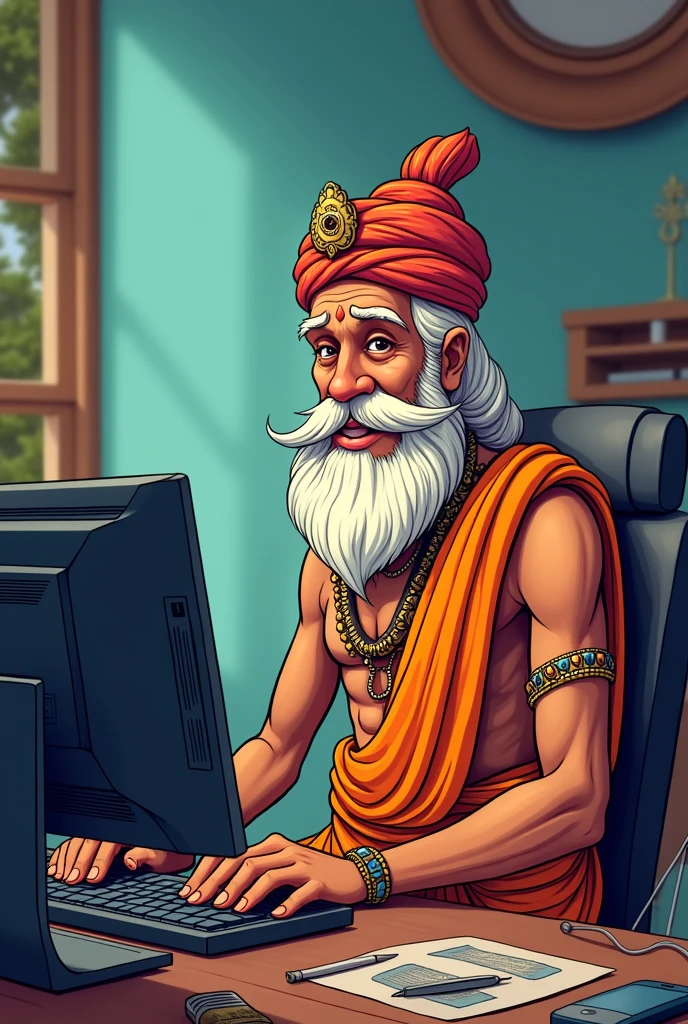 Maveli sitting infront of a computer in cartoon