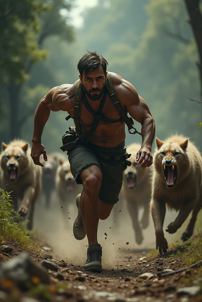 Man escaping from wild animals