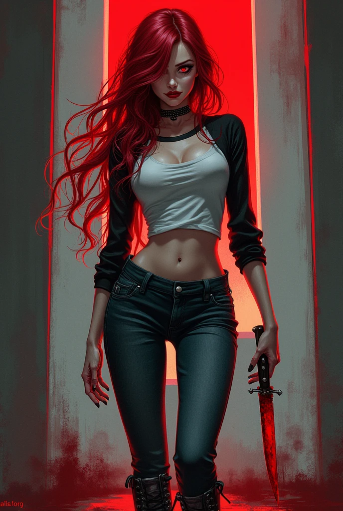 Anime style. Seductive and Beautiful young woman with a soul of pure evil and hatred. Alluring long red haired serial killer wearing a punk rock raglan top, skinny jeans, and combat boots. Surrounded by blood and bodies. She attacks a man viciously, A bloody knife in her right hand. A sinister smile crosses her glossy red lips.