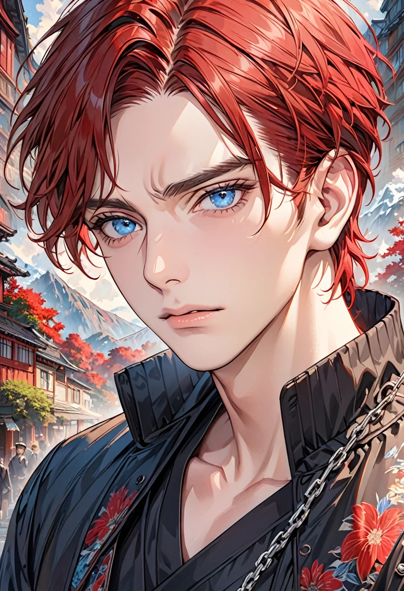 absurdres, highres, ultra detailed, HDR, master piece, best quality, extremely detailed face and eyes, perfect face, realistic face, beautiful eyes, Arthur Leywin, red hair, expressive blue eyes,Tbate, black jacket, black shirt, patterns, solo, man, handsome,background chain,