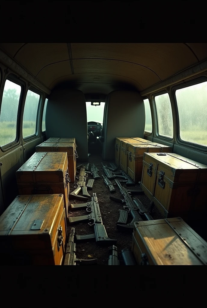 Inside of a van, wooden trunks filled with AK47 RIFLES