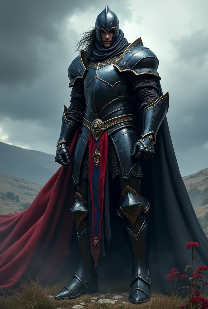 Knight in Black Armor. Clothes are red and blue