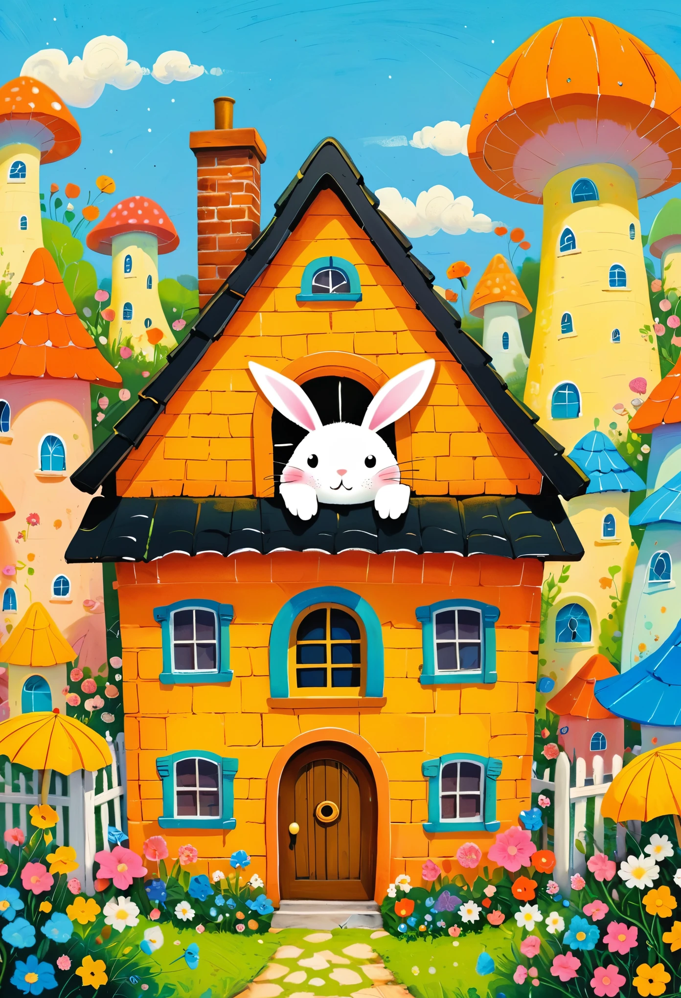 A painting:(((Colorful black,Chalk painting,Oil stick painting,flight,Thick coating,Uneven texture,Plaster texture,Graffiti)))。cartoon illustration of a house with a rabbit on top of it, a storybook illustration inspired by Studio Ghibli, pixiv contest winner, process art, rounded house and cute character, cute detailed digital art, cute storybook illustration, house background, cute anthropomorphic bunny, hiding in the rooftops, sweet home, little cottage, cozy home background