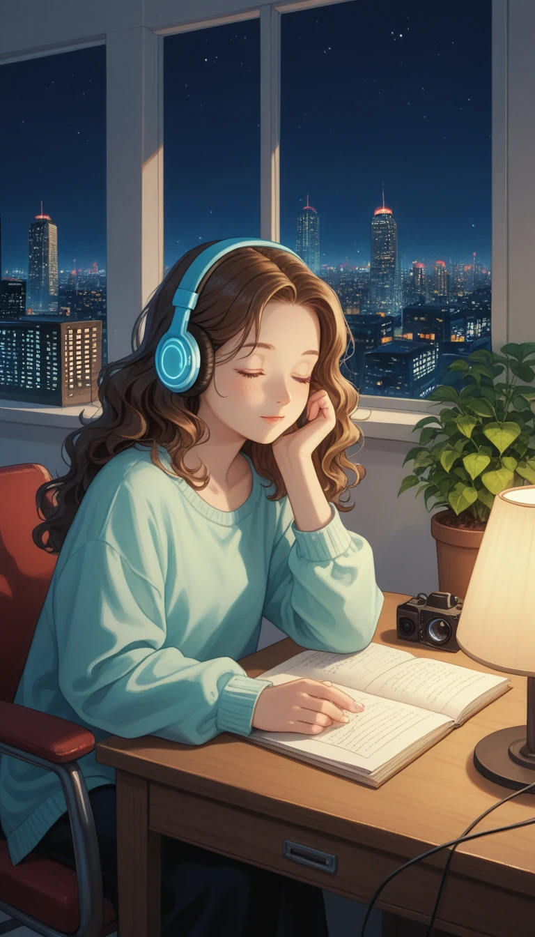 A young woman is sitting comfortably in a modern, cozy room with a cityscape visible through a large window at night. The main object of focus is the woman, who appears to be in her late s or early twenties. She has long, wavy brown hair and is wearing a pair of large over-ear headphones. Her eyes are closed, and she has a serene, relaxed expression on her face as she listens to music. The woman is seated in a plush armchair, which is positioned to the right of a wooden desk. On the desk, there is a modern desktop computer, a ceramic coffee mug, and a small potted plant. A desk lamp with a warm, yellow glow is placed on the left side of the desk, casting a soft light over the scene. The light from the lamp is the primary light source, illuminating the woman and creating gentle shadows around her. In the background, the large window offers a stunning view of the city at night, with numerous skyscrapers and their illuminated windows creating a vibrant, urban atmosphere. The room itself is painted in neutral tones, with the walls adorned with minimalistic decor. The overall color scheme of the image features warm tones from the lamp and the cooler tones of the night cityscape, creating a balanced and visually appealing contrast. The perspective of the image is from a slight angle, allowing for a clear view of the woman, the desk, and the background cityscape. The size of the image is rectangular, with a wide aspect ratio that captures the breadth of the scene. The theme of the image is calm and relaxation, with an emphasis on the soothing environment and the woman's peaceful state.