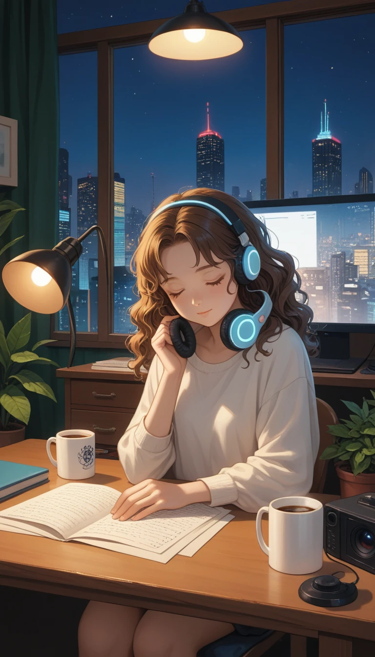 A young woman is sitting comfortably in a modern, cozy room with a cityscape visible through a large window at night. The main object of focus is the woman, who appears to be in her late teens or early twenties. She has long, wavy brown hair and is wearing a pair of large over-ear headphones. Her eyes are closed, and she has a serene, relaxed expression on her face as she listens to music. The woman is seated in a plush armchair, which is positioned to the right of a wooden desk. On the desk, there is a modern desktop computer, a ceramic coffee mug, and a small potted plant. A desk lamp with a warm, yellow glow is placed on the left side of the desk, casting a soft light over the scene. The light from the lamp is the primary light source, illuminating the woman and creating gentle shadows around her. In the background, the large window offers a stunning view of the city at night, with numerous skyscrapers and their illuminated windows creating a vibrant, urban atmosphere. The room itself is painted in neutral tones, with the walls adorned with minimalistic decor. The overall color scheme of the image features warm tones from the lamp and the cooler tones of the night cityscape, creating a balanced and visually appealing contrast. The perspective of the image is from a slight angle, allowing for a clear view of the woman, the desk, and the background cityscape. The size of the image is rectangular, with a wide aspect ratio that captures the breadth of the scene. The theme of the image is calm and relaxation, with an emphasis on the soothing environment and the woman's peaceful state.
