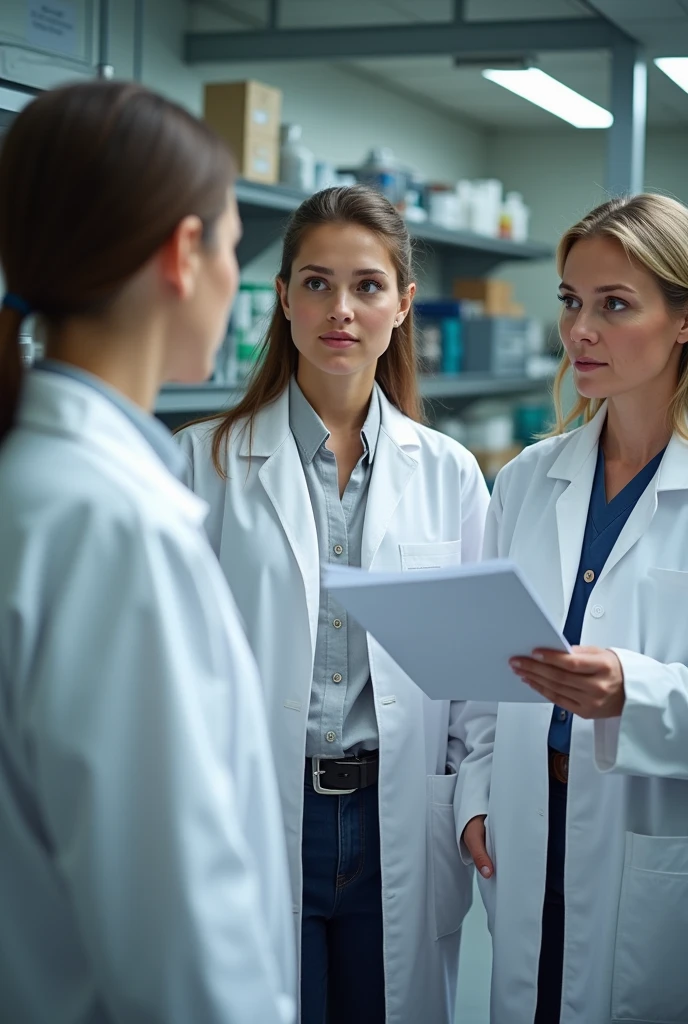 Create two people who are being audited for quality, and food safety and the auditor. Who are being audited wearing lab coats, one female and one young man and they are in the lab, the auditor is middle age woman, not animation, photo, their faces are visible. It is an audit, this should be clear. Auidtor should hold documents her hand