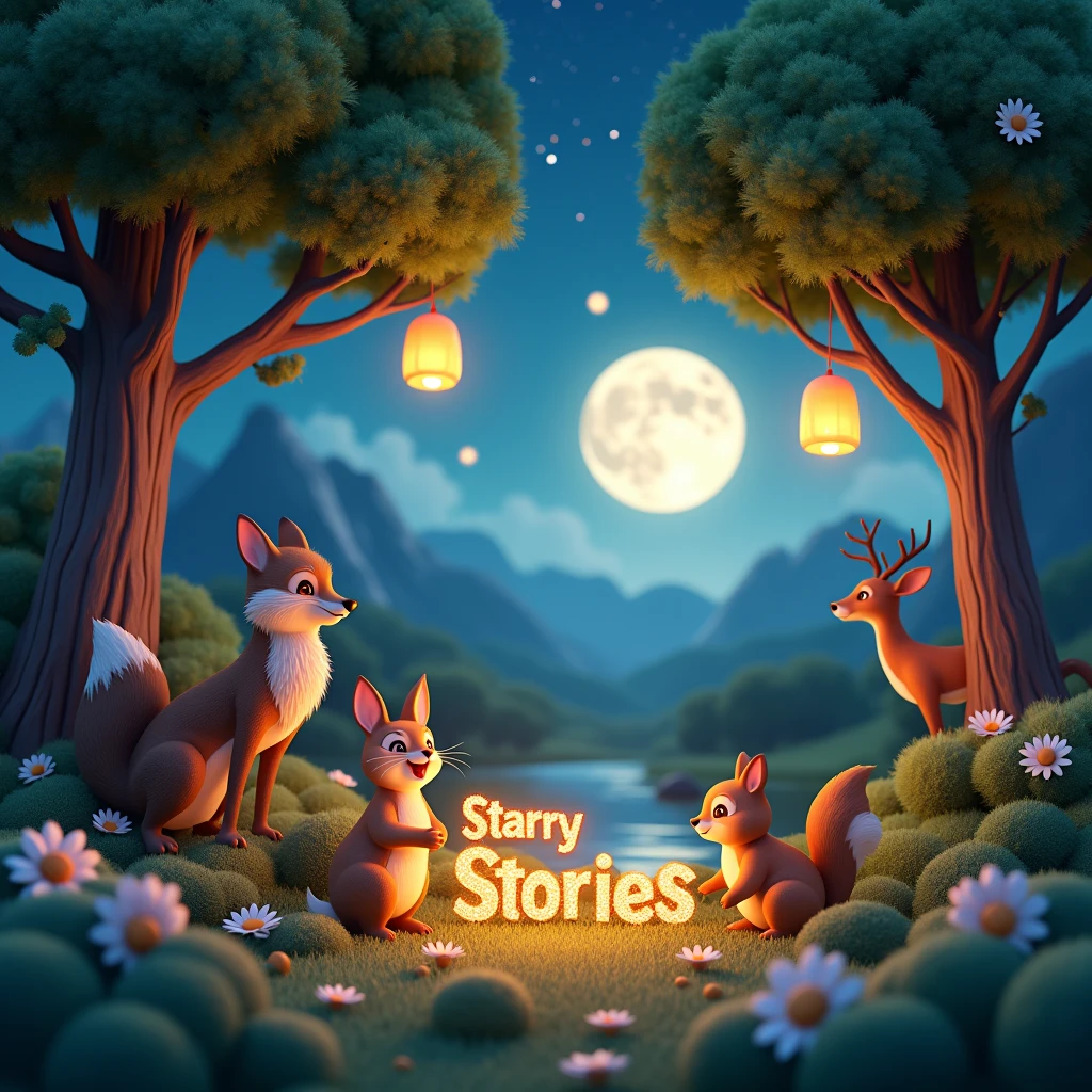 A 3D render of a mesmerizing and enchanting illustration of a starry night sky with floating lanterns. Various animals, including a fox, rabbit, squirrel, and deer, sit peacefully under the trees. The background features a serene landscape with mountains, trees, and a river, bathed in the soft glow of moonlight. The text 'Starry Stories' is written in glittery, 3D text that sparkles gently, adding to the magical atmosphere. The overall scene evokes warm, pleasant childhood memories with a cozy and enchanting ambiance