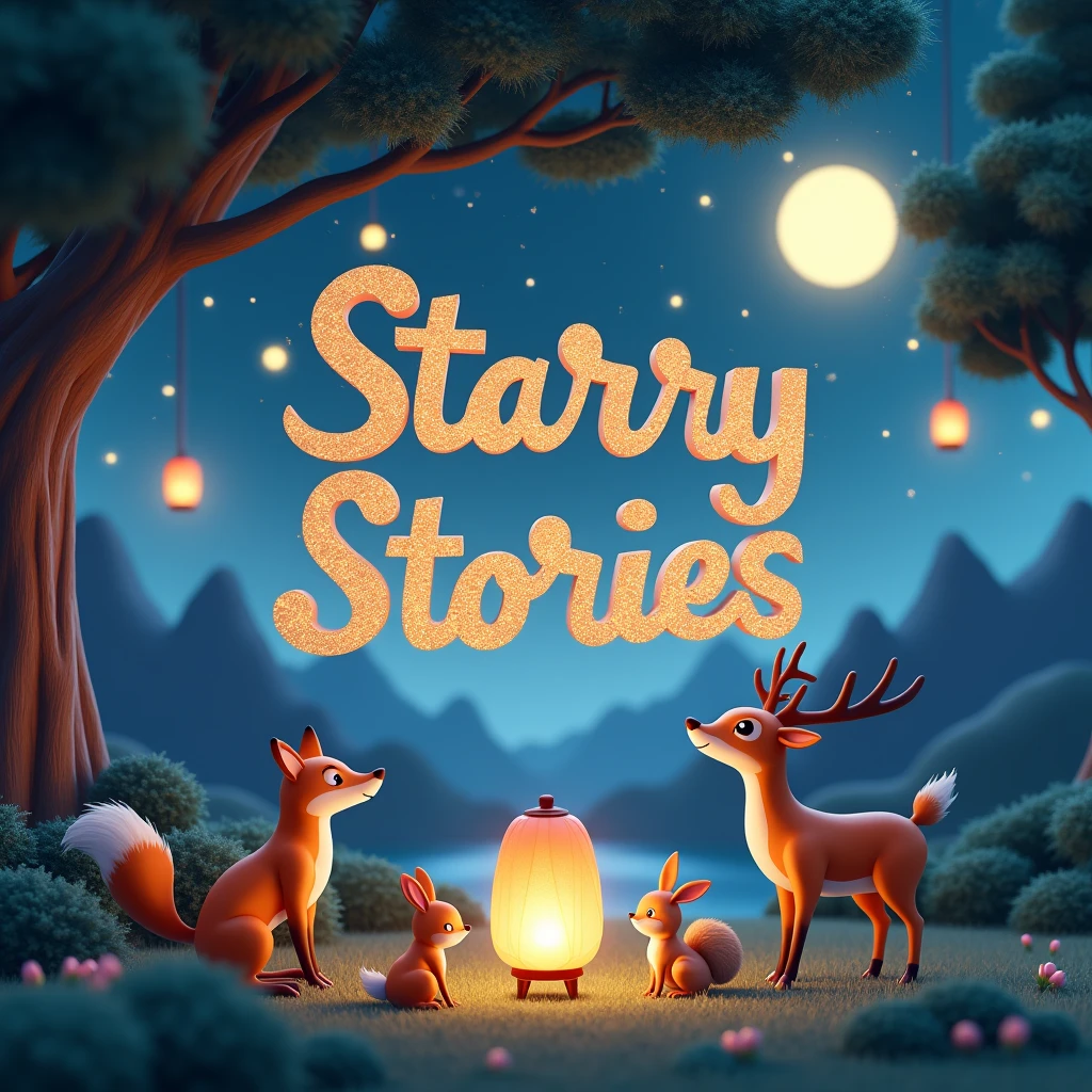 A 3D render of a mesmerizing and enchanting illustration of a starry night sky with floating lanterns. Various animals, including a fox, rabbit, squirrel, and deer, sit peacefully under the trees. The background features a serene landscape with mountains, trees, and a river, bathed in the soft glow of moonlight. The text 'Starry Stories' is written in glittery, 3D text that sparkles gently, adding to the magical atmosphere. The overall scene evokes warm, pleasant childhood memories with a cozy and enchanting ambiance