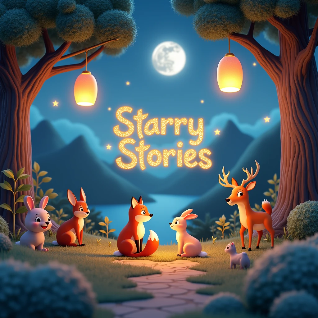 A 3D render of a mesmerizing and enchanting illustration of a starry night sky with floating lanterns. Various animals, including a fox, rabbit, squirrel, and deer, sit peacefully under the trees. The background features a serene landscape with mountains, trees, and a river, bathed in the soft glow of moonlight. The text 'Starry Stories' is written in glittery, 3D text that sparkles gently, adding to the magical atmosphere. The overall scene evokes warm, pleasant childhood memories with a cozy and enchanting ambiance