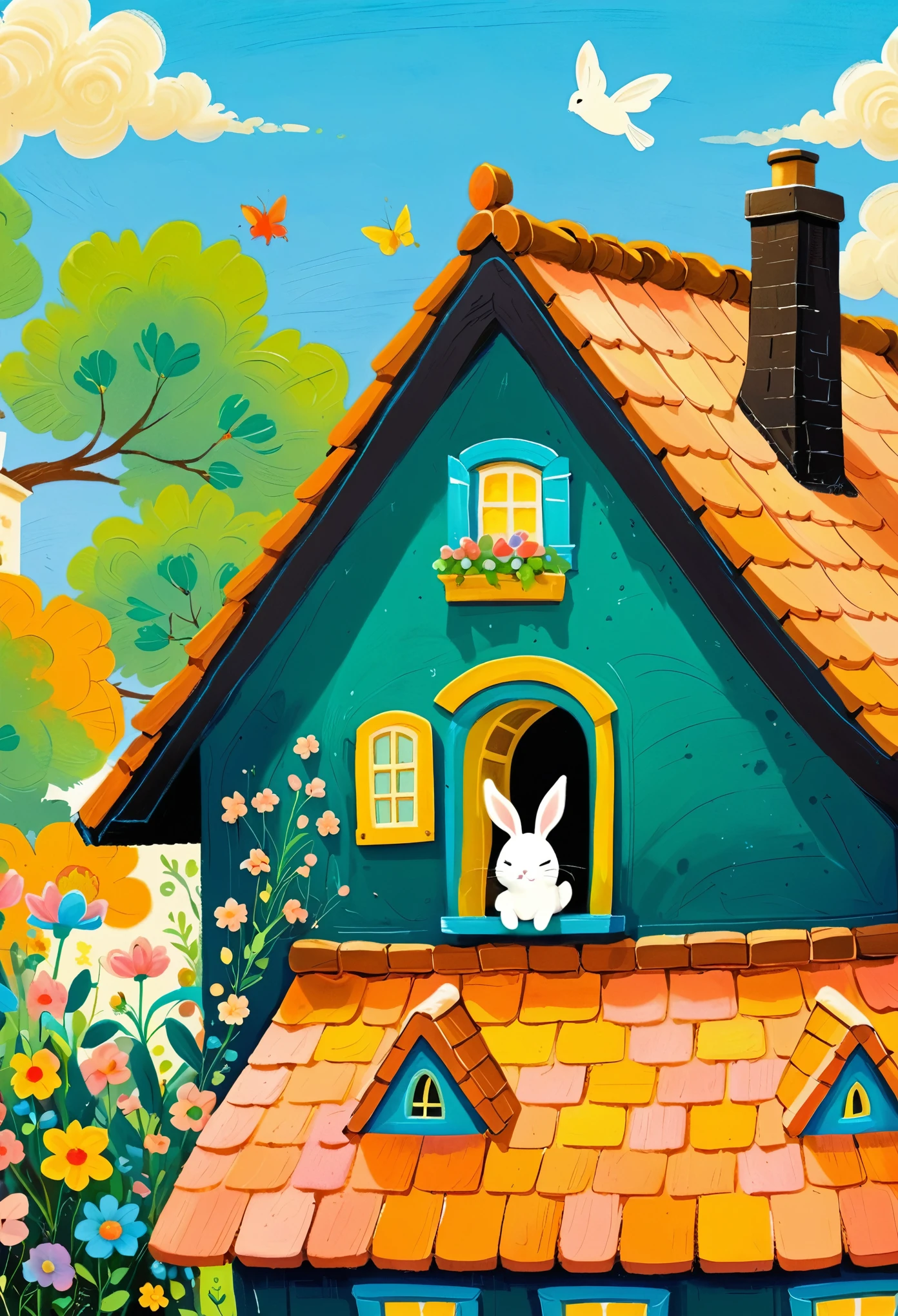 A painting:(((Colorful black,Chalk painting,Oil stick painting,flight,Thick coating,Uneven texture,Plaster texture,Graffiti)))。cartoon illustration of a house with a rabbit on top of it, a storybook illustration inspired by Studio Ghibli, pixiv contest winner, process art, rounded house and cute character, cute detailed digital art, cute storybook illustration, house background, cute anthropomorphic bunny, hiding in the rooftops, sweet home, little cottage, cozy home background