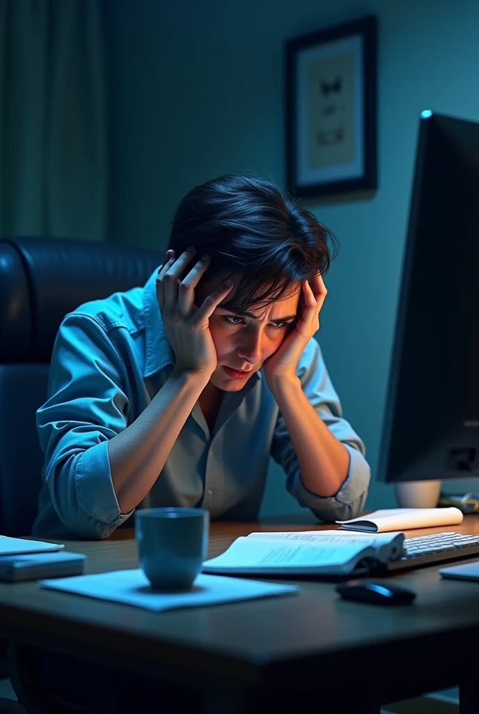 headache of content creater in front of computer