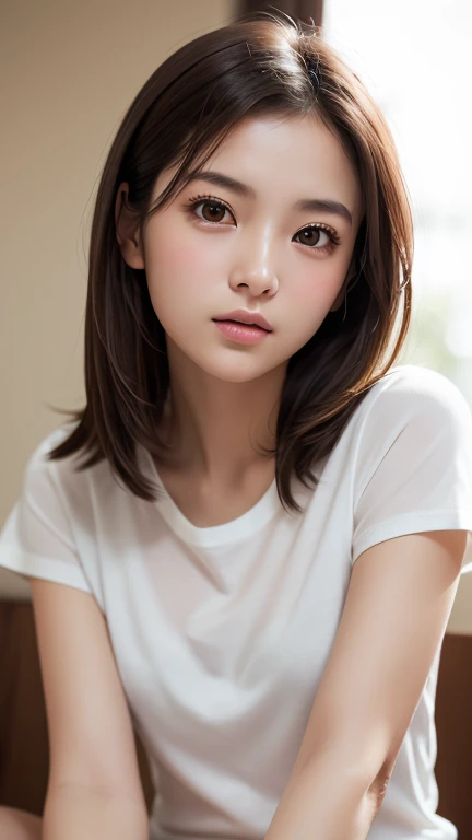 Highest quality、8k傑作、Ultra-high resolution、(Photorealistic:1.3)、RAW Photos、1 person、Brown hair short bob、Glowing Skin、1 personの超美人女子大生、((Ultra-Realistic Details))、Portrait、Global Illumination、Shadow、Octane Rendering、8k、Super sharp、Very intricate details、Realistic Light、CGSoation Trend、Beautiful Eyes、Shining Eyes、To the camera、White oversizedTshirt、sheer、blush、amount、Put your hands above your head、Sitting on the floor、Spread your legs