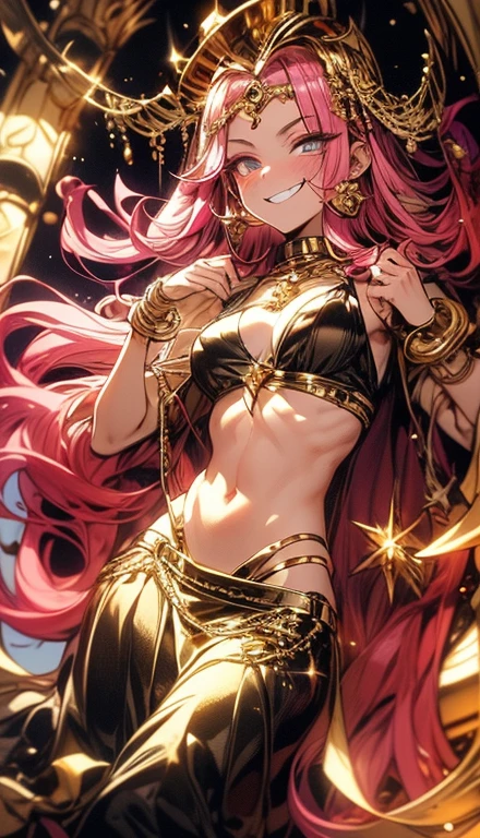 A smug narcissistic pink haired woman wearing a golden bra and long golden skirt and lots of jewelry flaunting herself