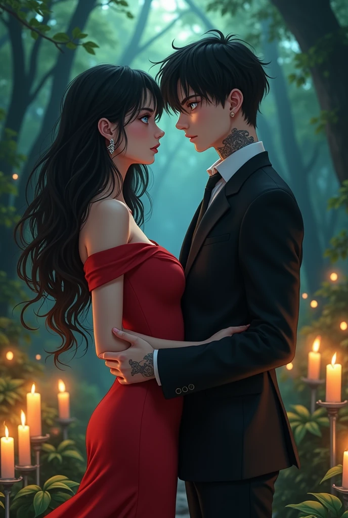 A girl with an extraordinary beauty face, black hair with salon waves and blue eyes with a red dress highlighted on the body in the forest with candles next to a guy about 20 years old tall with black hair down to her ears, tattooed neck and wearing a suit with her hand on her waist and a serious face - anime STYLE with realistic details