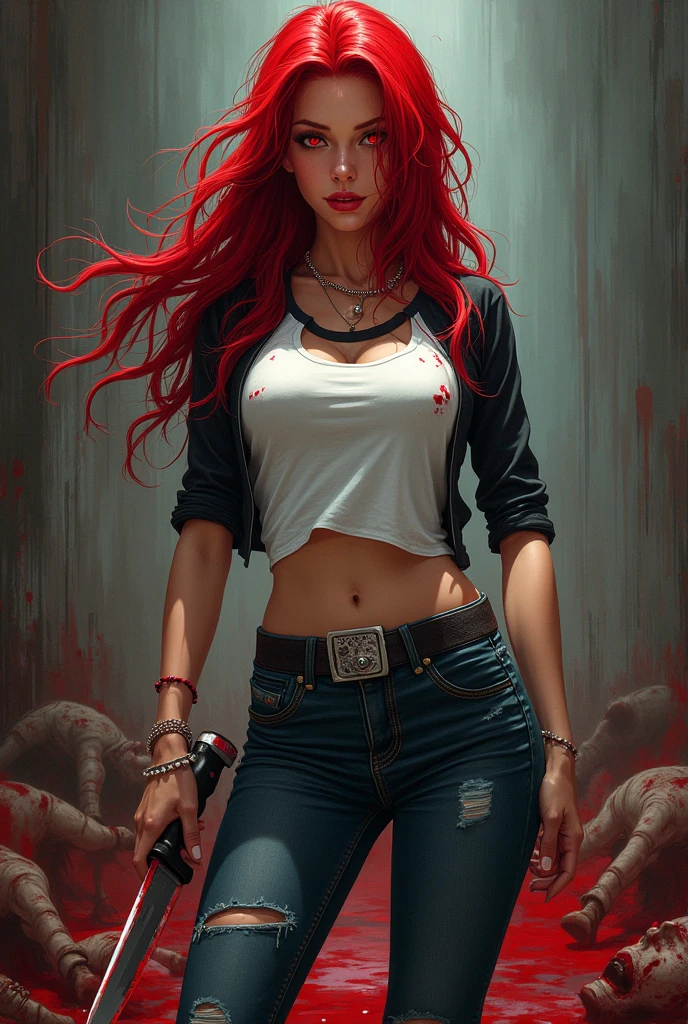Anime style. Seductive and Beautiful young woman with a soul of pure evil and hatred. Alluring long red haired serial killer wearing a punk rock raglan top, skinny jeans, and combat boots. Surrounded by blood and bodies. She attacks a man viciously, A bloody knife in her right hand. A sinister smile crosses her glossy red lips.