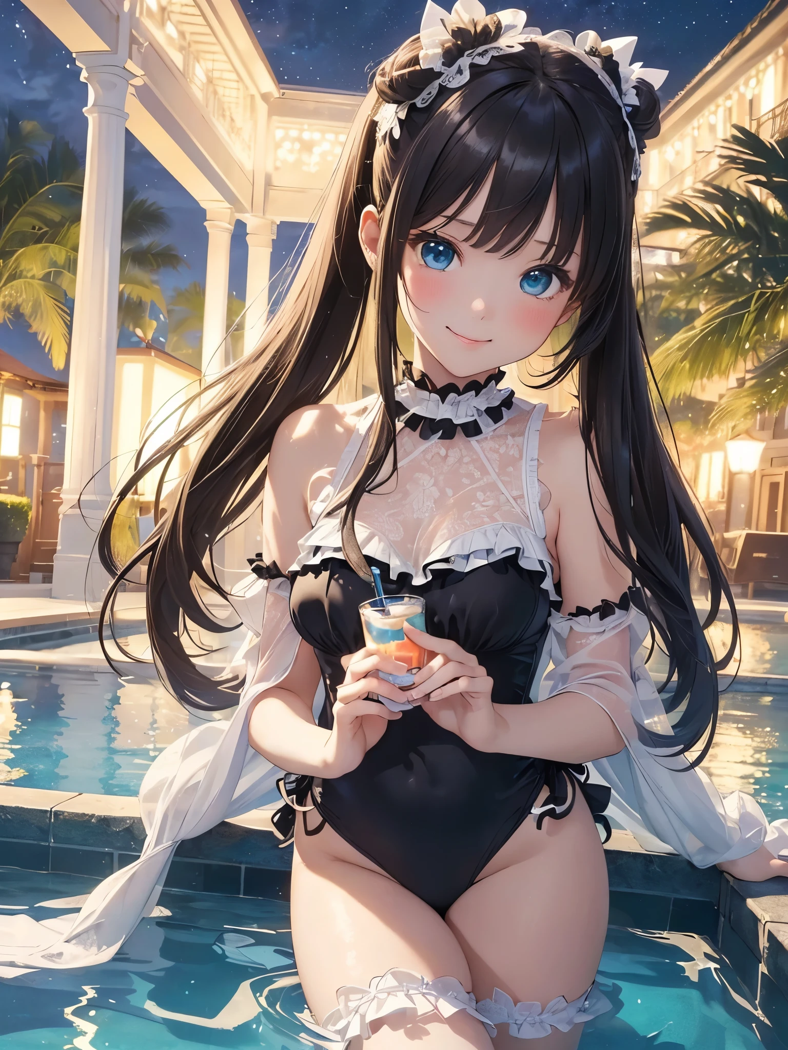 ((masterpiece)), ((highest quality、Ultra high definition)), (Very detailed),(8k、Photo quality)、((Amazingly cute girl)),1 girl)), Two people, , (Beautiful emerald blue eyes), ((smile、Small breasts)),In the open-air bath overlooking the sea, Beautifully arranged black hair in twin tails、Slim Body、((Cute swimsuit with lace and frills))、Professional Lighting、(White lace knee-highore detailed and beautiful)、(More details and cutenesore realistic)、((Just wear light clothing))、Frolic in the pool、((unbelievably cute))、((A cute pose))、((Night view))、(Have a drink to stay hydrated)、
